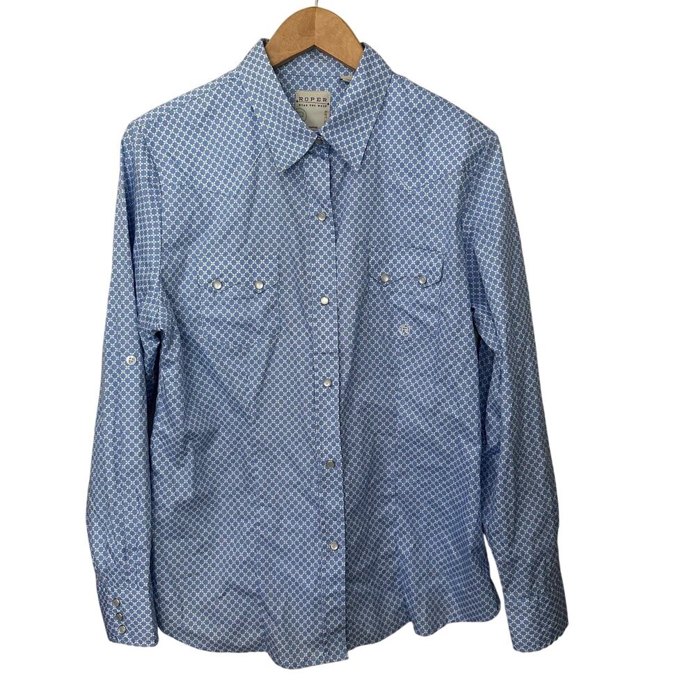 Roper Western Pearl Snap Shirt Women's Large Blue Rodeo Cowgirl Pockets Ranch